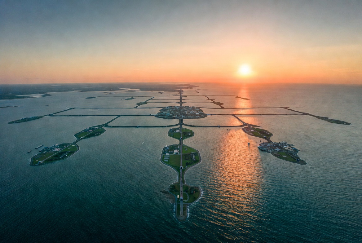 Sheltered archipelago lagoons at dusk