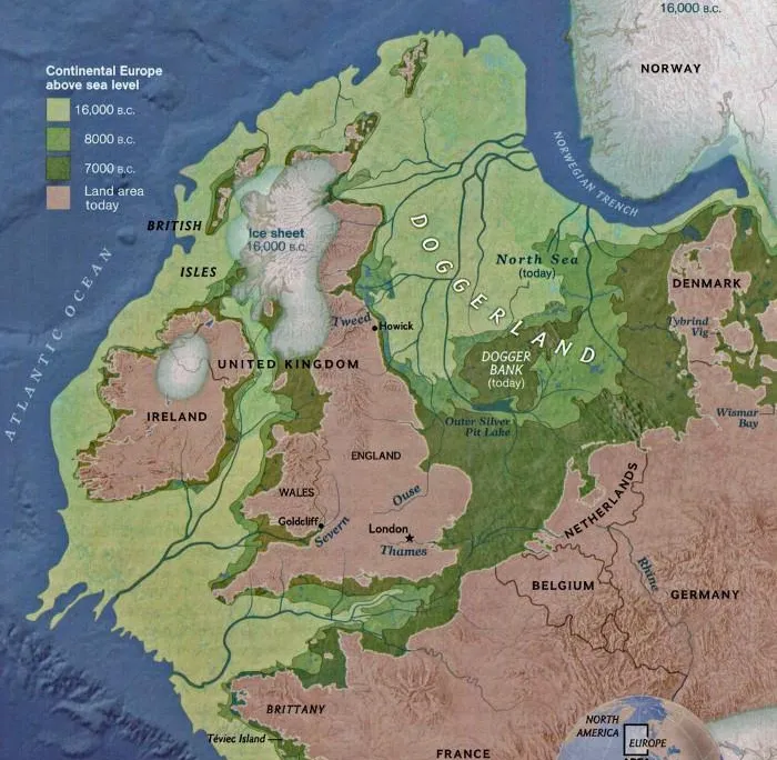Map showing Doggerland from 16,000 BCE to present day, Smithsonian Institution