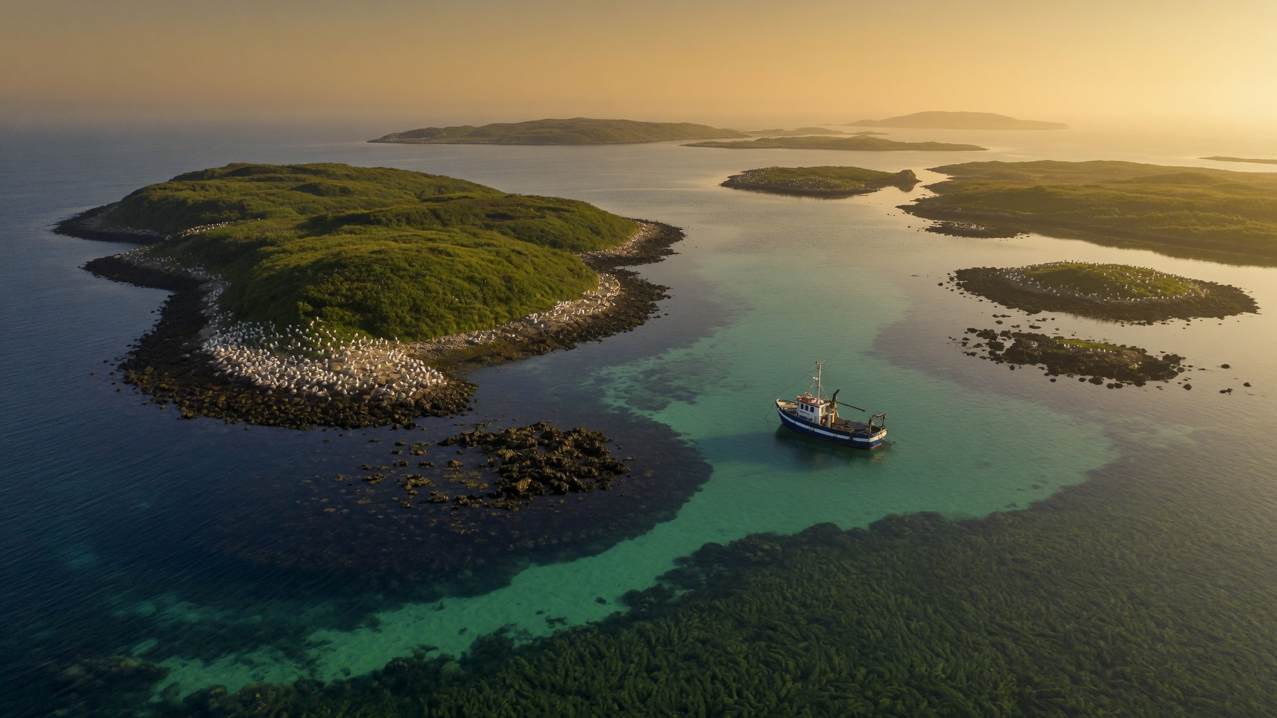 Polder archipelago lagoons at sunset