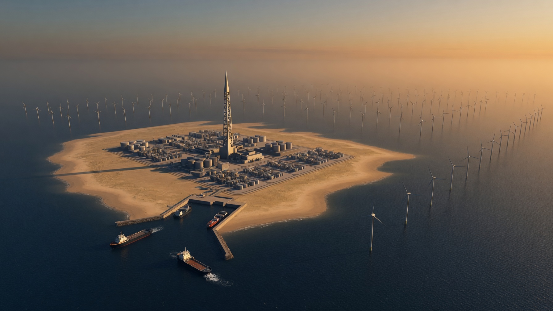 Hub island spire surrounded by offshore wind turbines