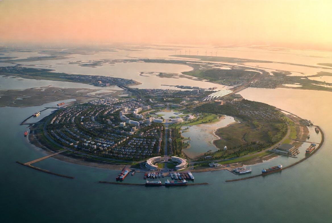 Circular hub island city from the air