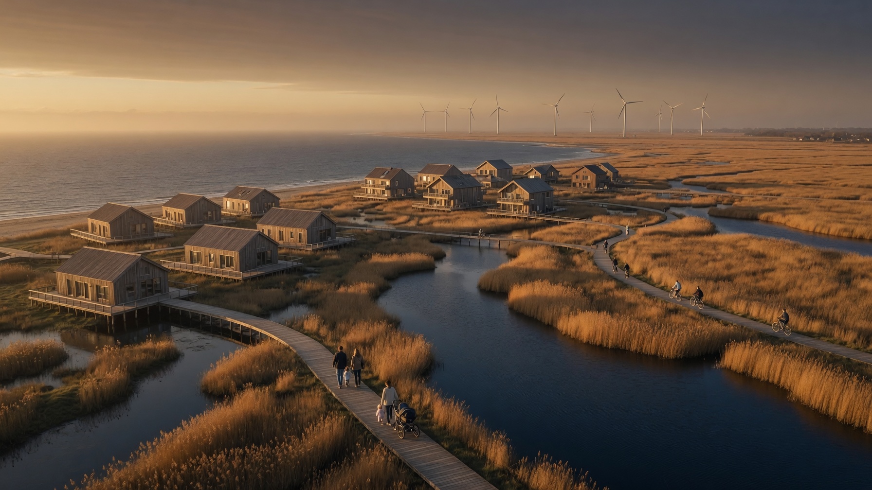 Eco-residential districts among wetlands and turbines
