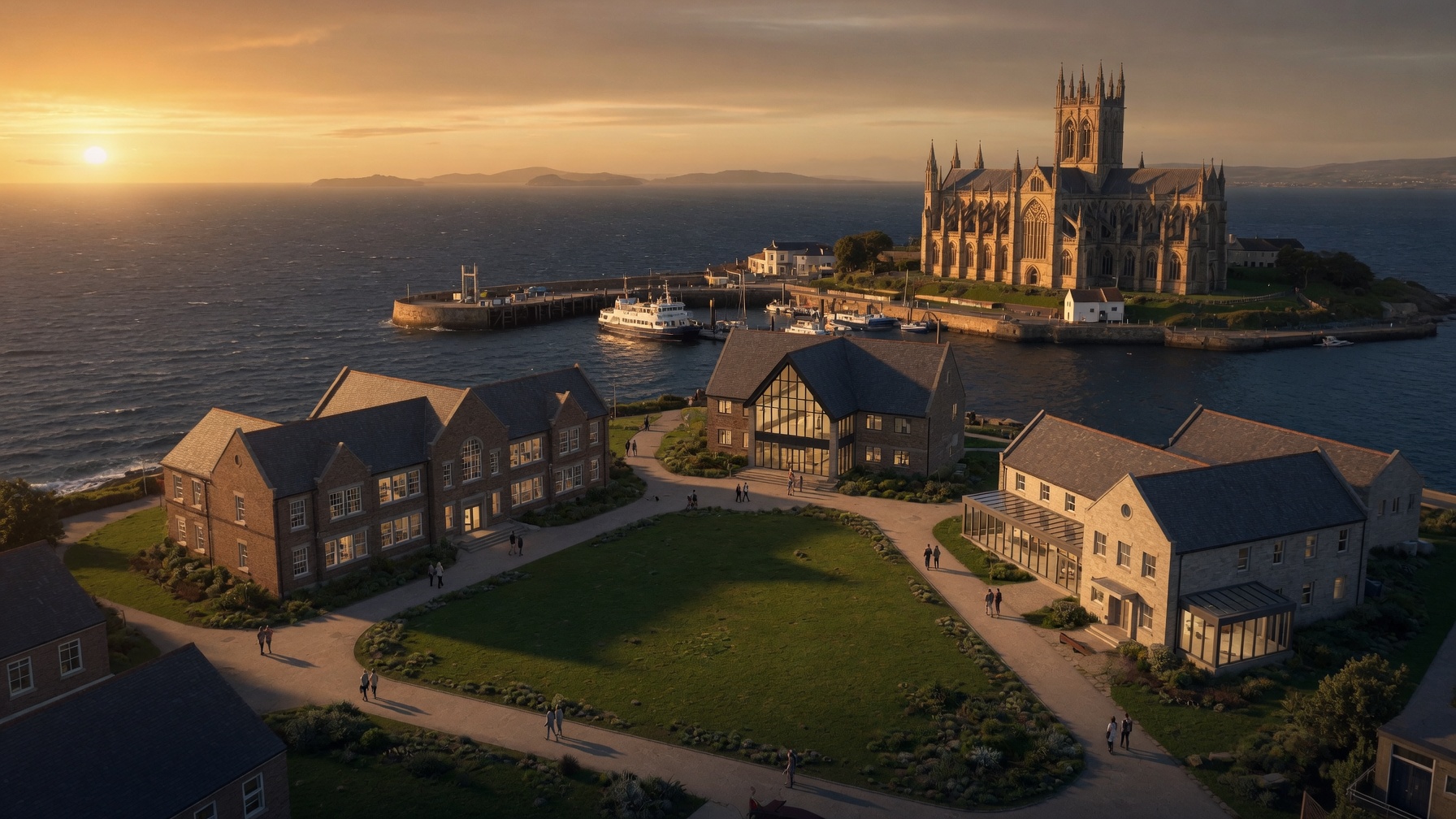 Civic port city with cathedral at sunset