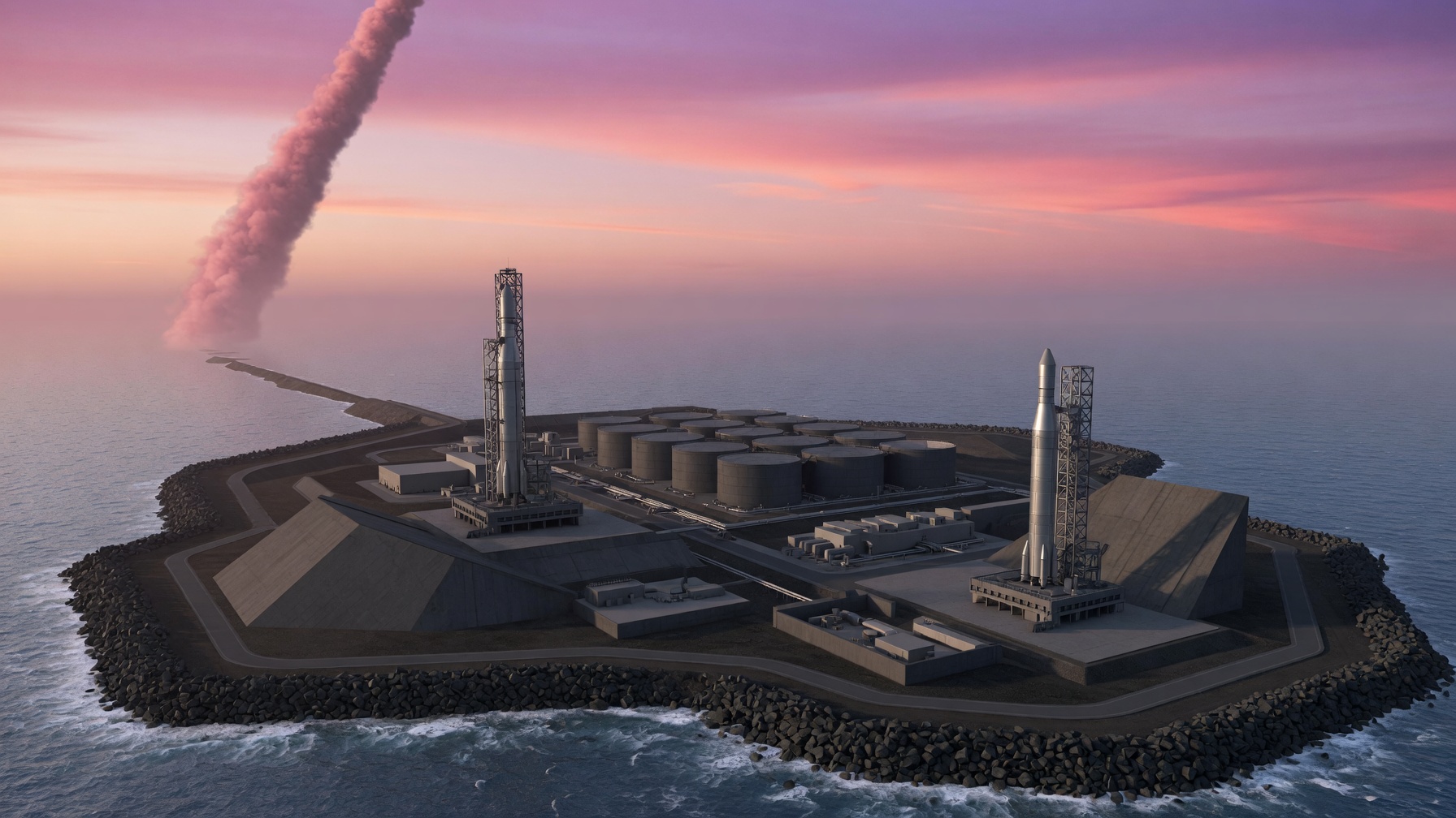 Starship rockets on an island launch complex