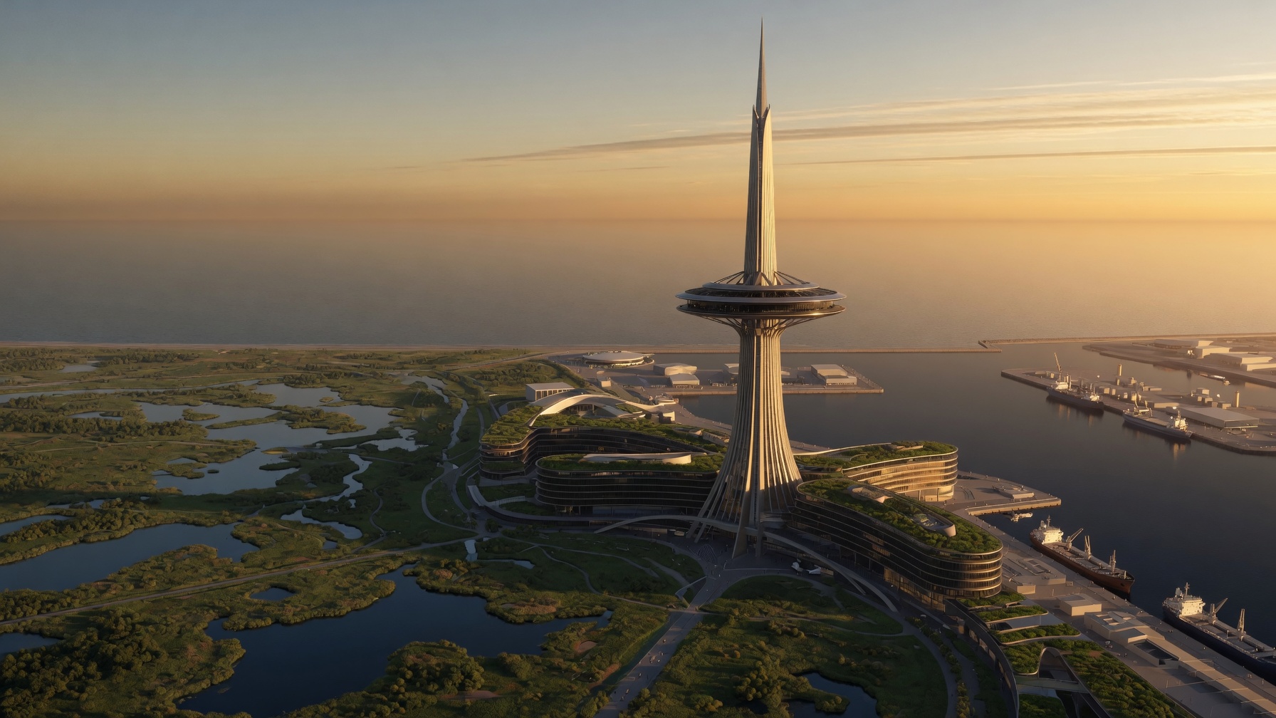 Spire tower rising over the hub island city